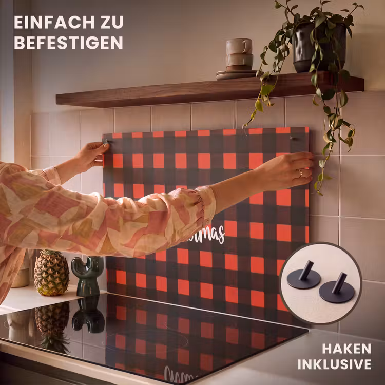 2-in-1 Herdabdeckplatte & Spritzschutz - Kariert - Rot - Text - Weihnachten - Geruit - Rood - Tekst - Christmas Inductie beschemer met haakjes klein