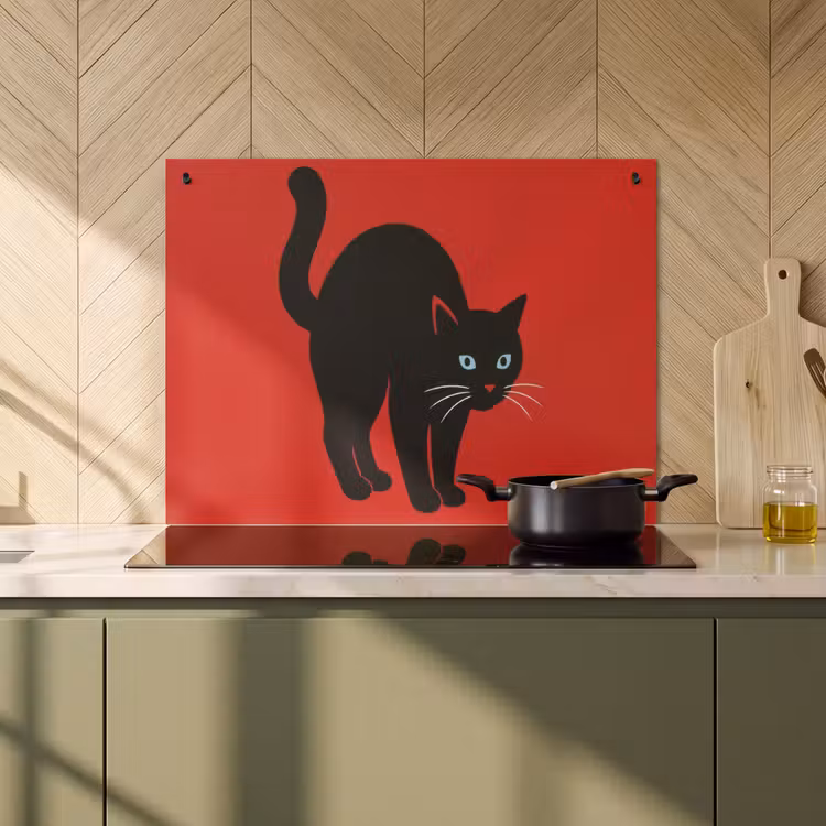 2-in-1 Herdabdeckplatte & Spritzschutz - Katze - Schwarz - Schwanz - Kat - Zwart - Staart Inductie beschemer met haakjes klein
