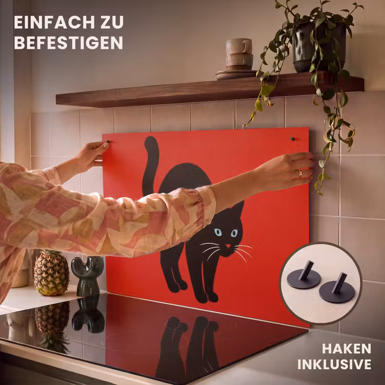 2-in-1 Herdabdeckplatte & Spritzschutz - Katze - Schwarz - Schwanz - Kat - Zwart - Staart Inductie beschemer met haakjes klein