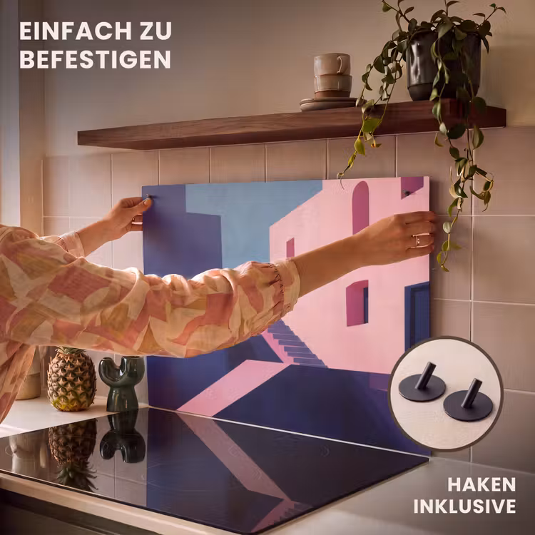 2-in-1 Herdabdeckplatte & Spritzschutz - Katze - Treppe - Gebäude - Schattenkontraste - Kat - Trap - Gebouwen - Schaduwcontrasten Inductie beschemer met haakjes klein