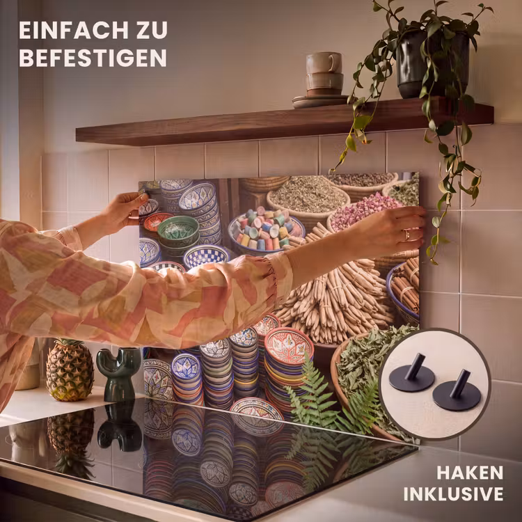 2-in-1 Herdabdeckplatte & Spritzschutz - Keramik – Orientalisch – Farbenfroh - Aardewerk - Oosters - Kleurrijk Inductie beschemer met haakjes klein
