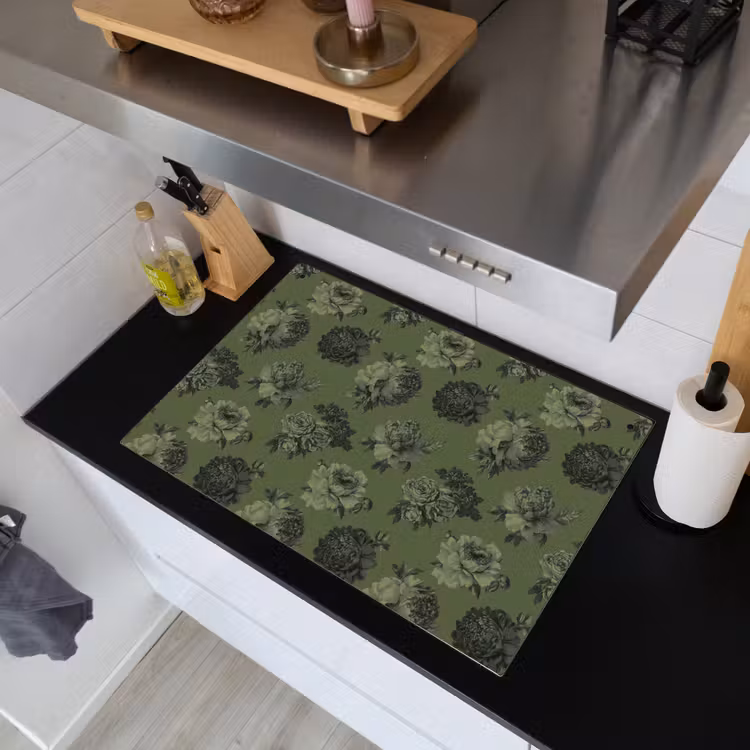Klassiek - botanisch - olijfgroen - bloemen Inductie beschemer met haakjes klein 777 -sfeer1