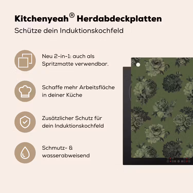 Klassiek - botanisch - olijfgroen - bloemen Inductie beschemer met haakjes klein 777 -ky-usp-de