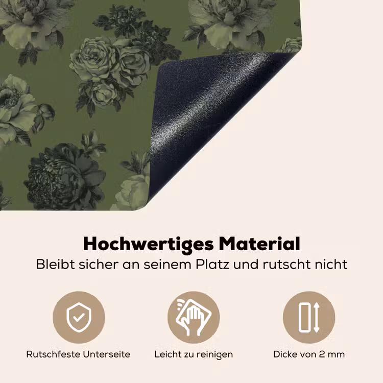 Klassiek - botanisch - olijfgroen - bloemen Inductie beschemer met haakjes klein 777 -ky-onderkant-de