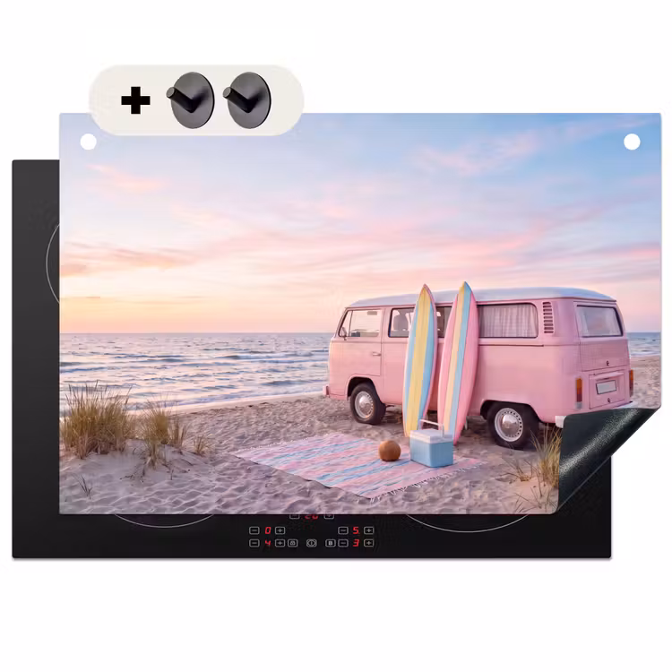 Busje - Strand - Surfplank - Zomer - Roze Inductie beschemer met haakjes klein -3d