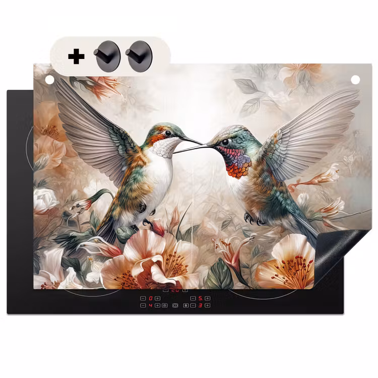 2-in-1 Herdabdeckplatte & Spritzschutz - Kolibri - Vögel - Blumen - Natur - Kolibrie - Vogels - Bloemen - Natuur Inductie beschemer met haakjes klein