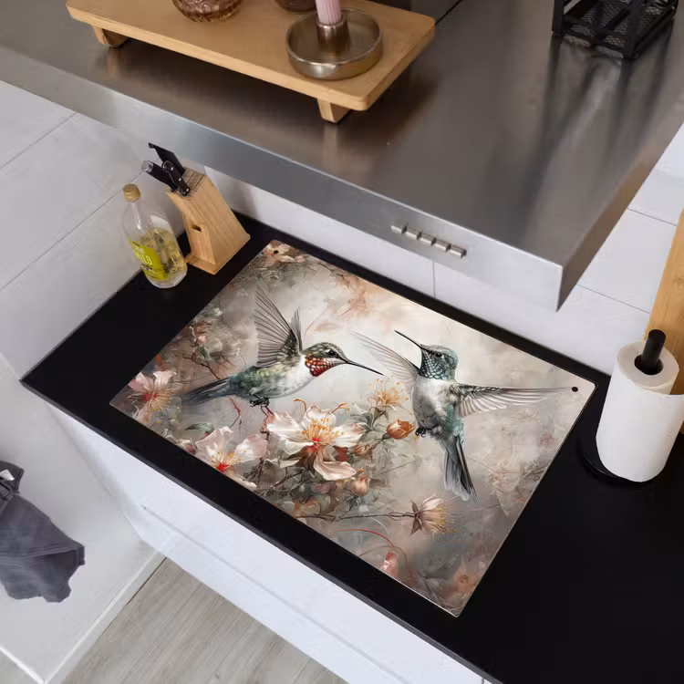 2-in-1 Herdabdeckplatte & Spritzschutz - Kolibri - Vögel - Blumen - Pflanzen - Kolibrie - Vogels - Bloemen - Planten Inductie beschemer met haakjes klein