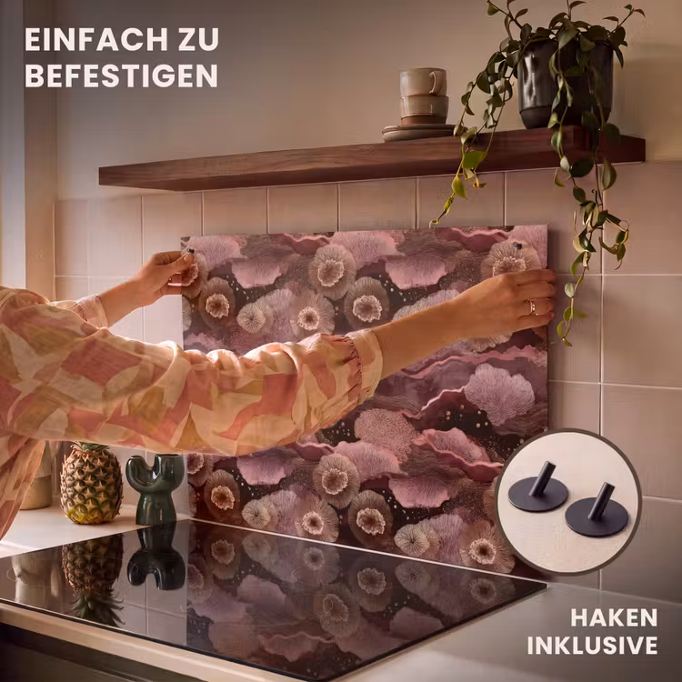 2-in-1 Herdabdeckplatte & Spritzschutz - Koralle - Bio - Rosa - Koraal - Organisch - Roze Inductie beschemer met haakjes klein 777