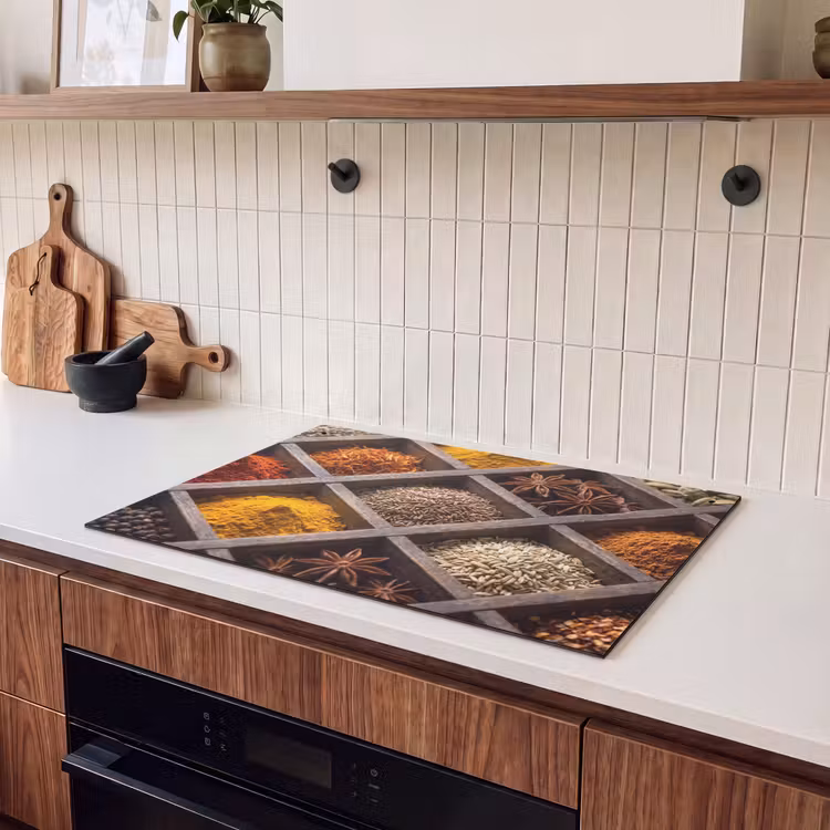 2-in-1 Herdabdeckplatte & Spritzschutz - Kräuter – Holz – Essen - Kruiden - Houten - Eten Inductie beschemer met haakjes klein