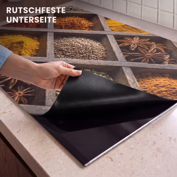 2-in-1 Herdabdeckplatte & Spritzschutz - Kräuter – Holz – Essen - Kruiden - Houten - Eten Inductie beschemer met haakjes klein