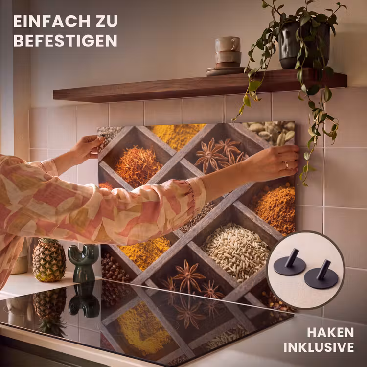 2-in-1 Herdabdeckplatte & Spritzschutz - Kräuter – Holz – Essen - Kruiden - Houten - Eten Inductie beschemer met haakjes klein