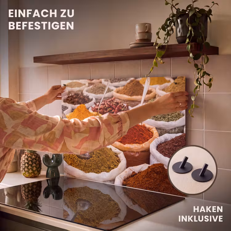 2-in-1 Herdabdeckplatte & Spritzschutz - Kräuter – Markt – Essen - Kruiden - Markt - Eten Inductie beschemer met haakjes klein