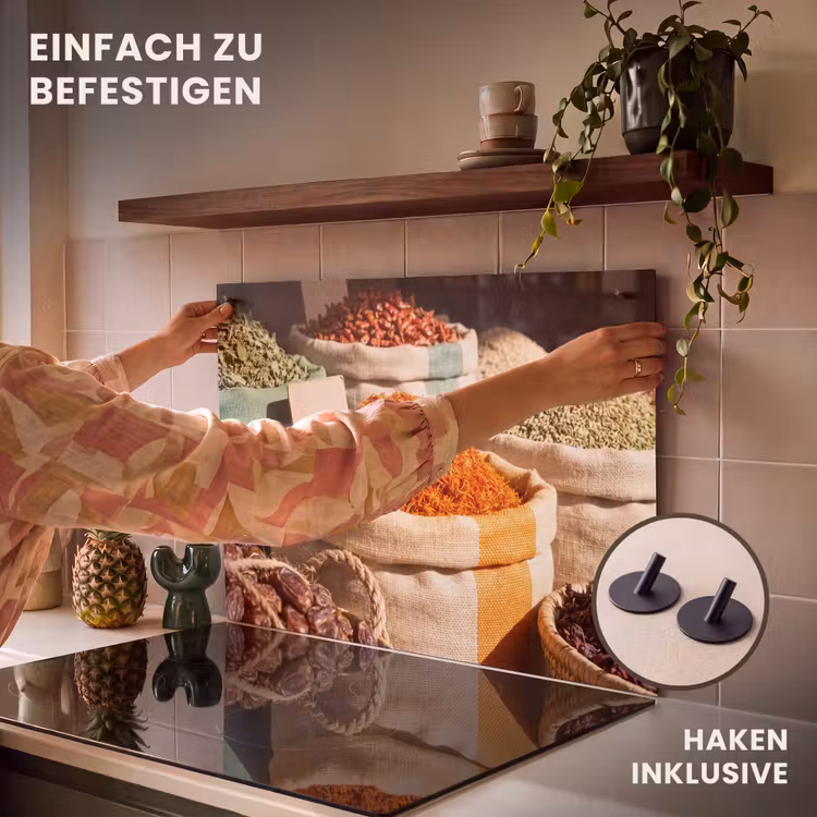 2-in-1 Herdabdeckplatte & Spritzschutz - Kräuter – Markt – Farbenfroh - Kruiden - Markt - Kleurrijk Inductie beschemer met haakjes klein