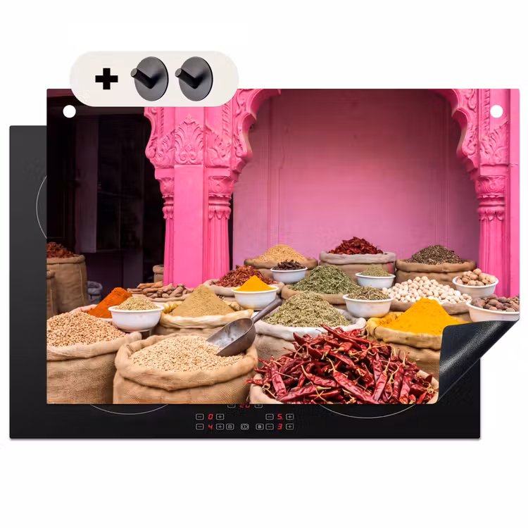 2-in-1 Herdabdeckplatte & Spritzschutz - Kräuter – Markt – Rosa - Kruiden - Markt - Roze Inductie beschemer met haakjes klein