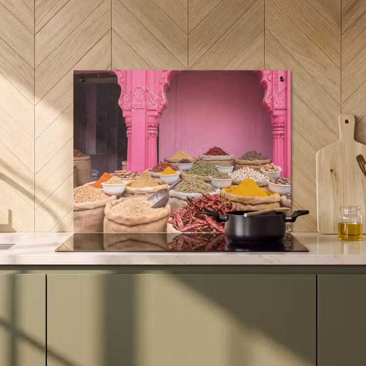 2-in-1 Herdabdeckplatte & Spritzschutz - Kräuter – Markt – Rosa - Kruiden - Markt - Roze Inductie beschemer met haakjes klein