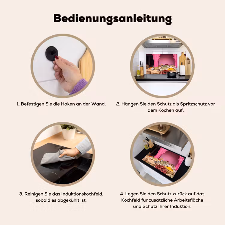2-in-1 Herdabdeckplatte & Spritzschutz - Kräuter – Markt – Rosa - Kruiden - Markt - Roze Inductie beschemer met haakjes klein