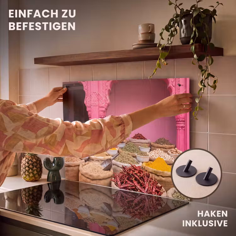 2-in-1 Herdabdeckplatte & Spritzschutz - Kräuter – Markt – Rosa - Kruiden - Markt - Roze Inductie beschemer met haakjes klein