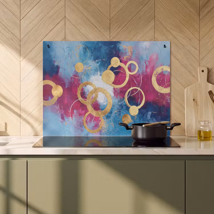 2-in-1 Herdabdeckplatte & Spritzschutz - Kreise - Gold - Abstrakt - Cirkels - Goud - Abstract Inductie beschemer met haakjes klein