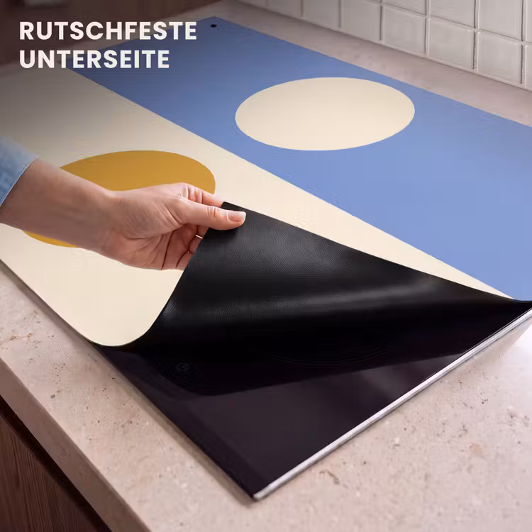 2-in-1 Herdabdeckplatte & Spritzschutz - Kreise - Symmetrisch - Weiß - Blau - Gelb - Cirkels - Symmetrisch - Wit - Blauw- Geel Inductie beschemer met haakjes klein