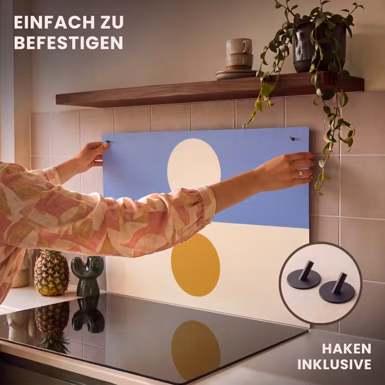 2-in-1 Herdabdeckplatte & Spritzschutz - Kreise - Symmetrisch - Weiß - Blau - Gelb - Cirkels - Symmetrisch - Wit - Blauw- Geel Inductie beschemer met haakjes klein