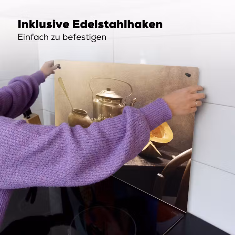 2-in-1 Herdabdeckplatte & Spritzschutz - Küchenstillleben mit Kürbis - Keukenstilleven met Pompoen Inductie beschemer met haakjes klein
