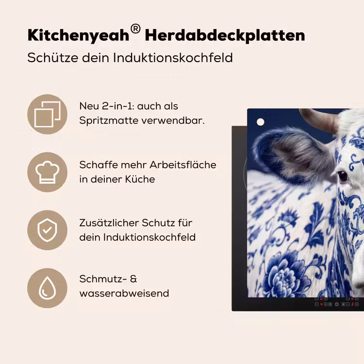 Koe - Delfts - Blauw - Artistiek Inductie beschemer met haakjes klein -ky-usp-de