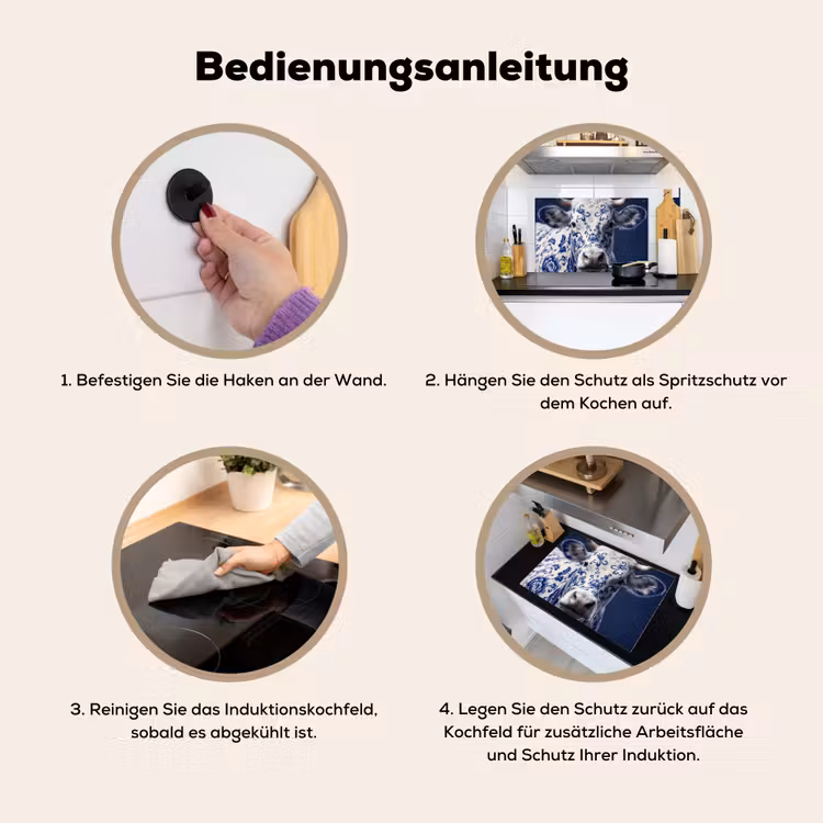Koe - Delfts - Blauw - Artistiek Inductie beschemer met haakjes klein -ky-gebruik-de
