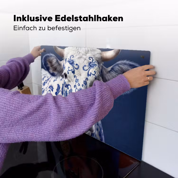 Koe - Delfts - Blauw - Artistiek Inductie beschemer met haakjes klein -ky-ophangen-de