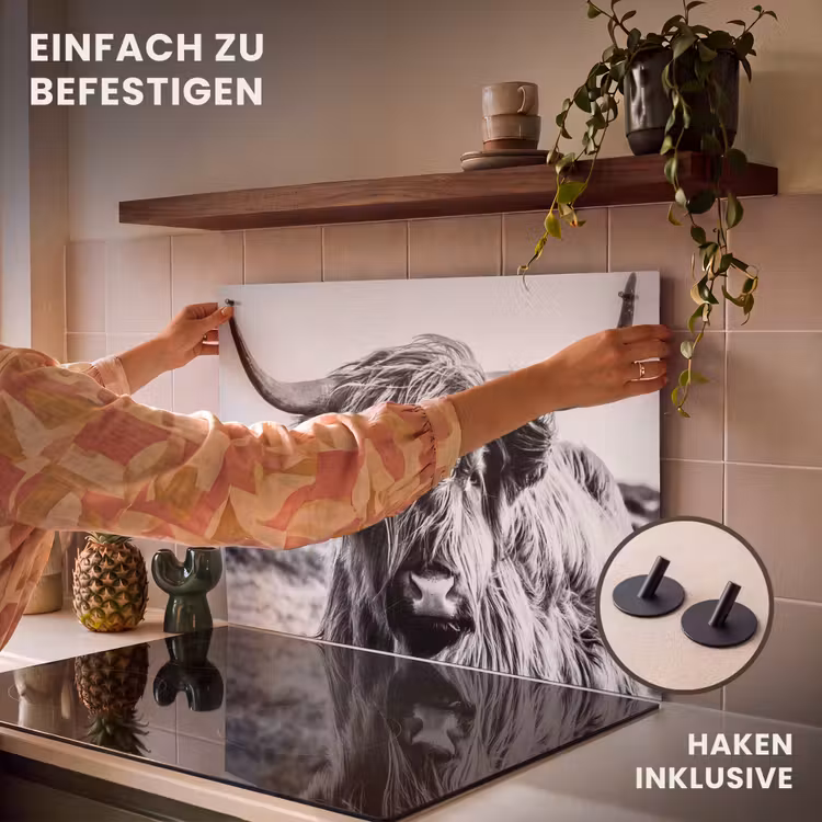 2-in-1 Herdabdeckplatte & Spritzschutz - Kuh - Schottischer Hochländer - Schwarz - Weiß - Tier - Natur - Wildtiere - Koe - Schotse hooglander - Zwart - Wit - Dier - Natuur - Wild Inductie beschemer met haakjes klein