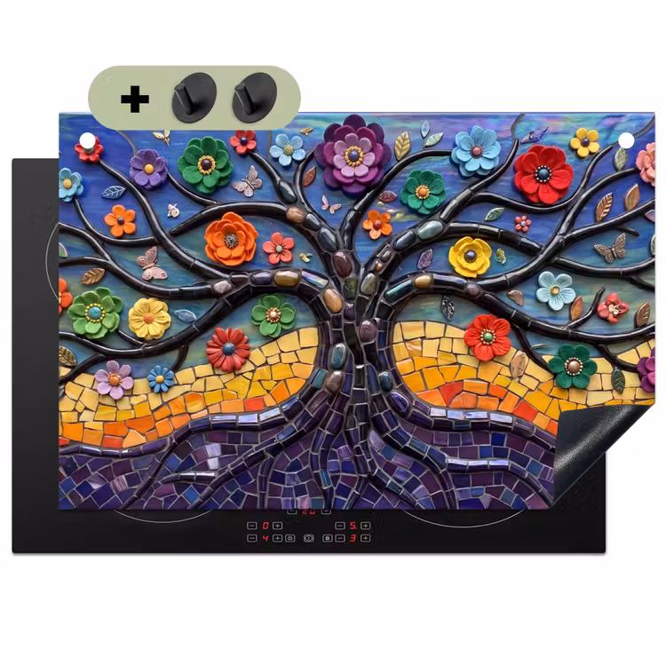 Levensboom - Mozaïek - Bloemen - Kleurrijk - Vrolijk Inductie beschemer met haakjes klein -3d