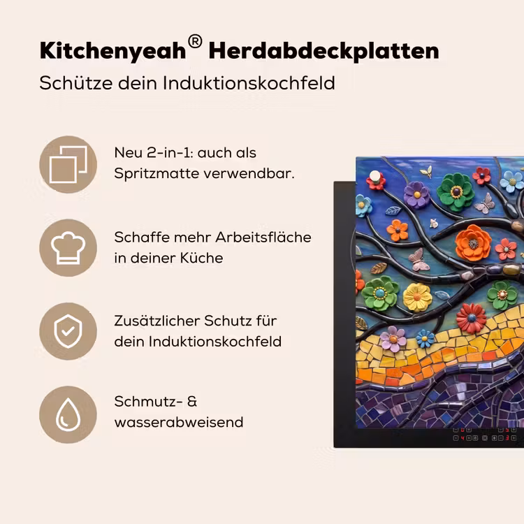 Levensboom - Mozaïek - Bloemen - Kleurrijk - Vrolijk Inductie beschemer met haakjes klein -ky-usp-de