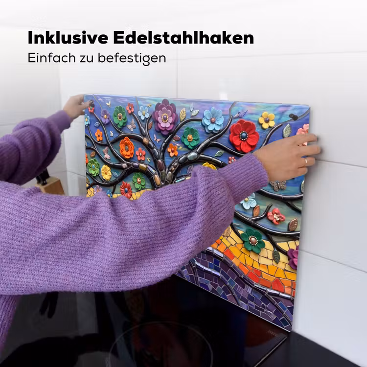 Levensboom - Mozaïek - Bloemen - Kleurrijk - Vrolijk Inductie beschemer met haakjes klein -ky-ophangen-de