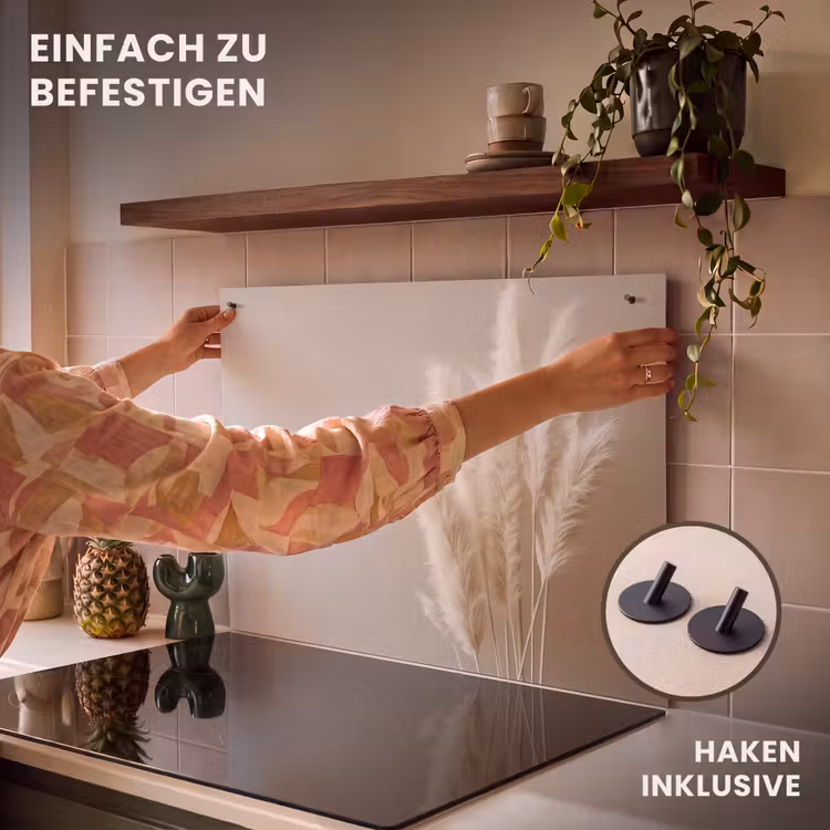 2-in-1 Herdabdeckplatte & Spritzschutz - Leises Flüstern von Pampasgras - Zachte Fluistering van Pampasgras Inductie beschemer met haakjes klein
