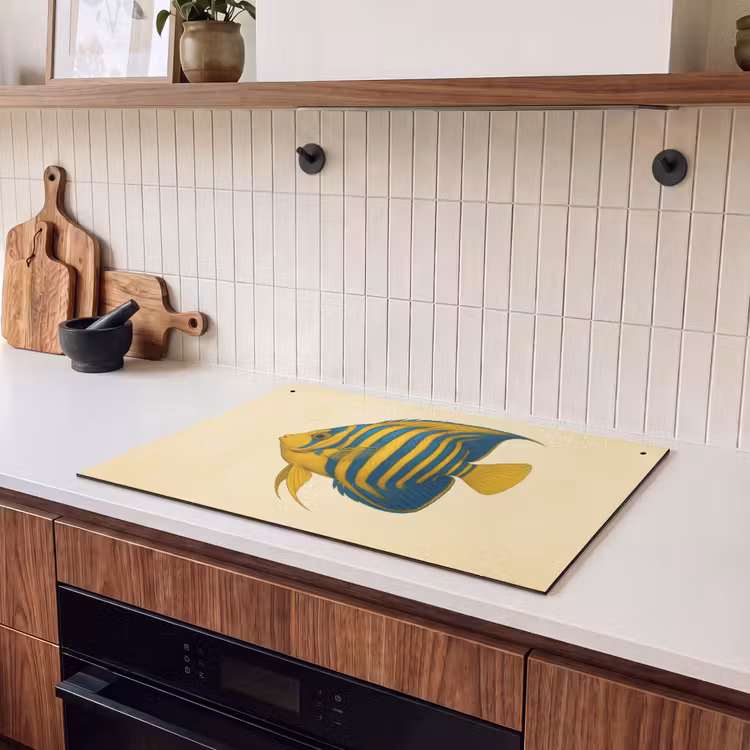 2-in-1 Herdabdeckplatte & Spritzschutz - Leuchtend gelb - Fisch - Streifen - Flossen - Felgeel - Vis - Strepen - Vinnen Inductie beschemer met haakjes klein