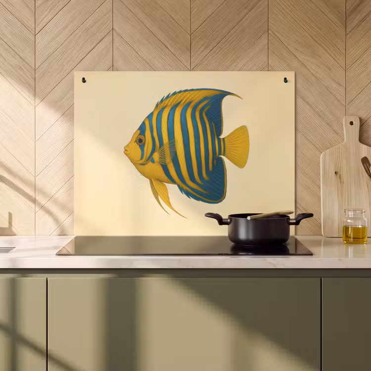 2-in-1 Herdabdeckplatte & Spritzschutz - Leuchtend gelb - Fisch - Streifen - Flossen - Felgeel - Vis - Strepen - Vinnen Inductie beschemer met haakjes klein