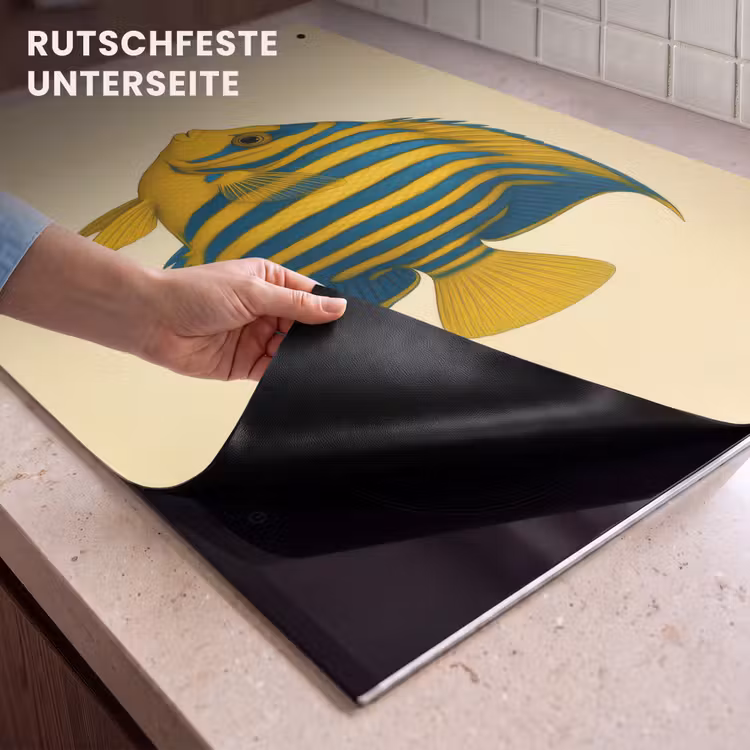 2-in-1 Herdabdeckplatte & Spritzschutz - Leuchtend gelb - Fisch - Streifen - Flossen - Felgeel - Vis - Strepen - Vinnen Inductie beschemer met haakjes klein
