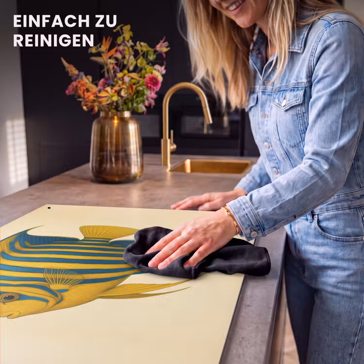 2-in-1 Herdabdeckplatte & Spritzschutz - Leuchtend gelb - Fisch - Streifen - Flossen - Felgeel - Vis - Strepen - Vinnen Inductie beschemer met haakjes klein