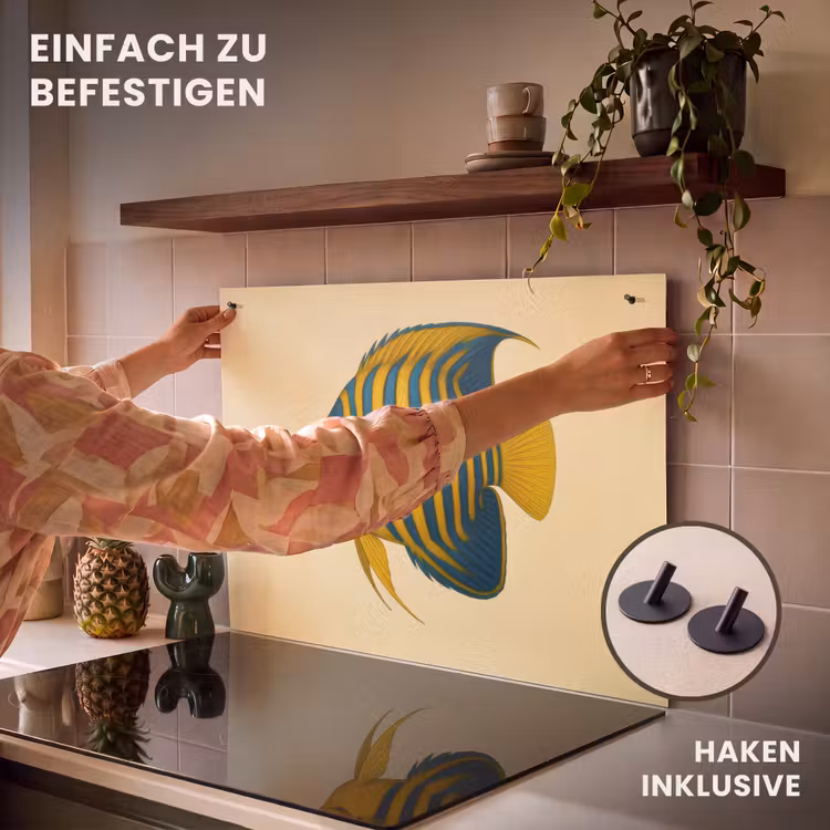 2-in-1 Herdabdeckplatte & Spritzschutz - Leuchtend gelb - Fisch - Streifen - Flossen - Felgeel - Vis - Strepen - Vinnen Inductie beschemer met haakjes klein