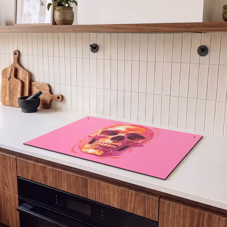 2-in-1 Herdabdeckplatte & Spritzschutz - Leuchtend rosa - Zähne - Schädel - Felroze - Tanden - Schedel Inductie beschemer met haakjes klein