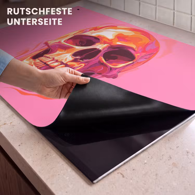 2-in-1 Herdabdeckplatte & Spritzschutz - Leuchtend rosa - Zähne - Schädel - Felroze - Tanden - Schedel Inductie beschemer met haakjes klein