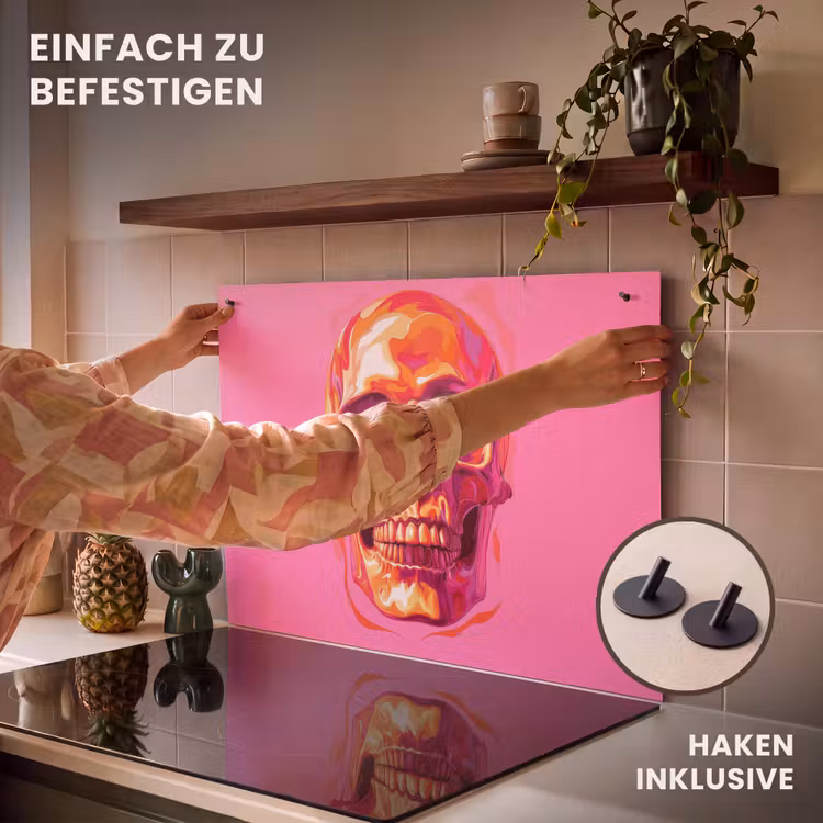 2-in-1 Herdabdeckplatte & Spritzschutz - Leuchtend rosa - Zähne - Schädel - Felroze - Tanden - Schedel Inductie beschemer met haakjes klein