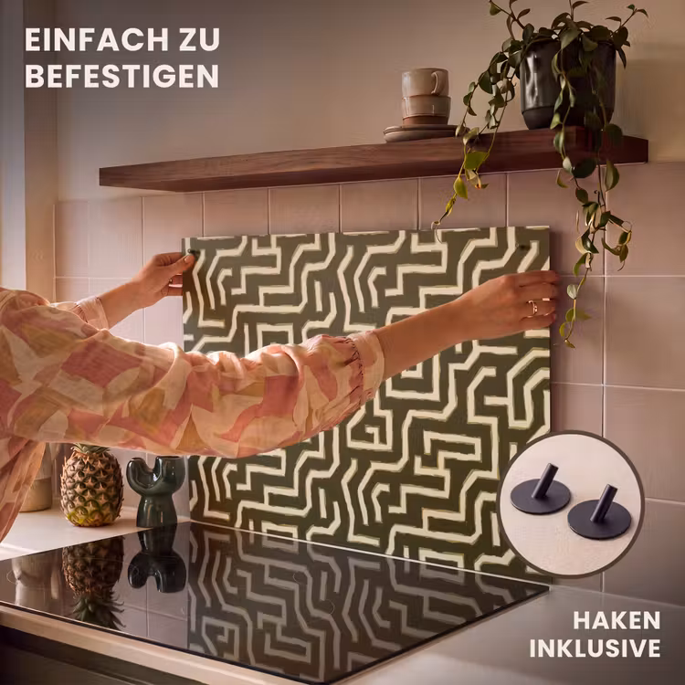 2-in-1 Herdabdeckplatte & Spritzschutz - Linien - Abstrakt - Grün - Lijnen - Abstract - Groen Inductie beschemer met haakjes klein 777