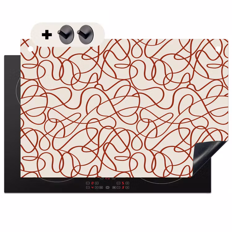 2-in-1 Herdabdeckplatte & Spritzschutz - Linien - Abstrakt - Rot - Beige - Lijnen - Abstract - Rood - Beige Inductie beschemer met haakjes klein 777