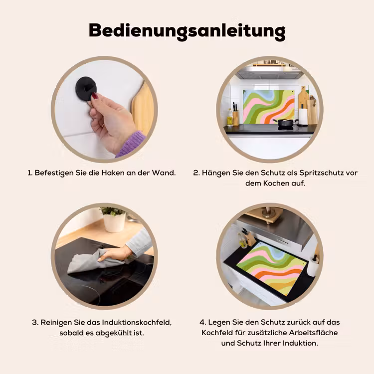 2-in-1 Herdabdeckplatte & Spritzschutz - Linien - Pastelltöne - Wellenförmig - Lijnen - Pasteltinten - Golvend Inductie beschemer met haakjes klein