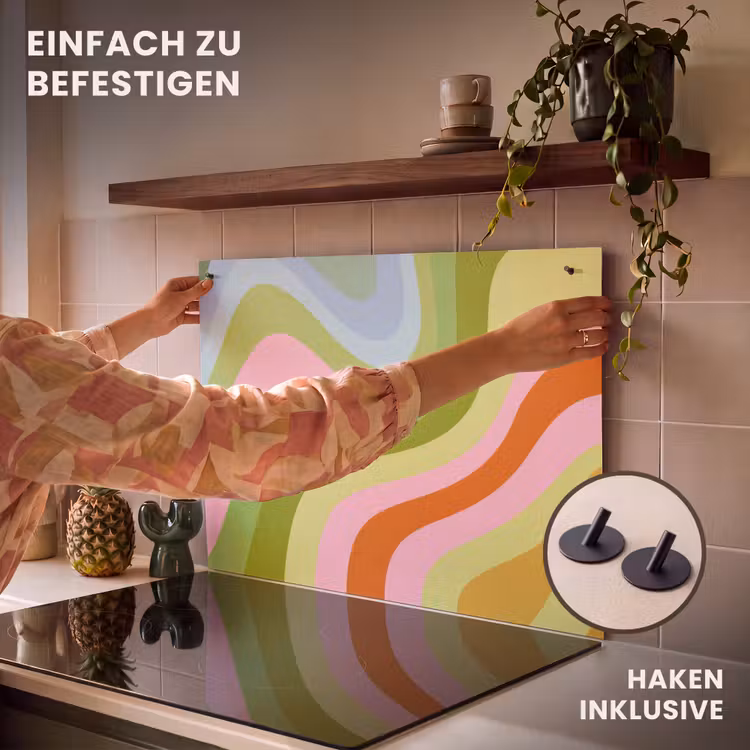 2-in-1 Herdabdeckplatte & Spritzschutz - Linien - Pastelltöne - Wellenförmig - Lijnen - Pasteltinten - Golvend Inductie beschemer met haakjes klein
