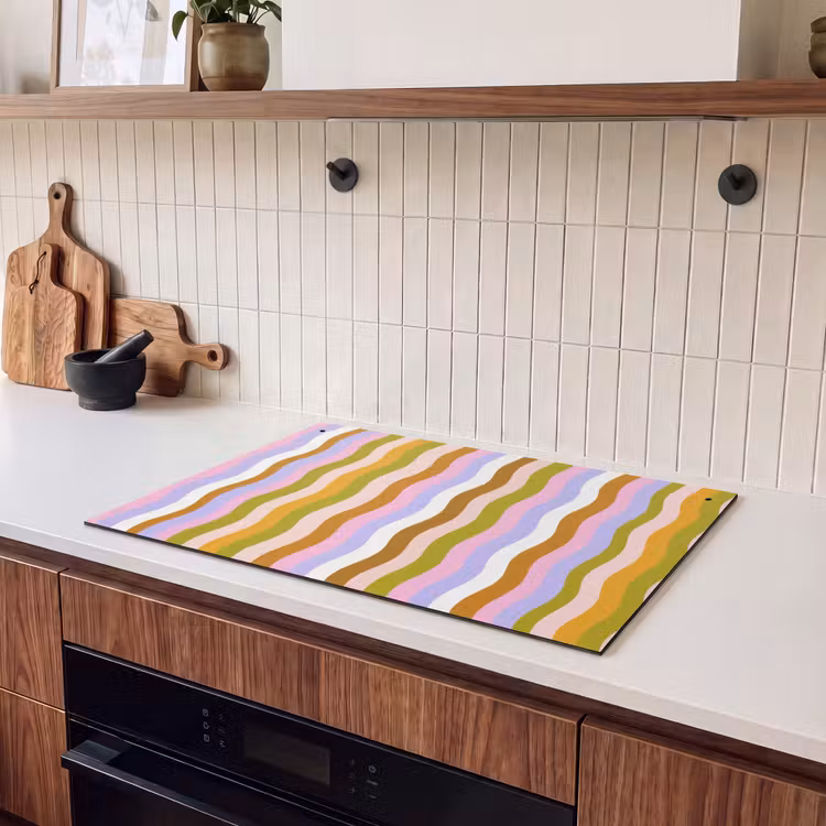 2-in-1 Herdabdeckplatte & Spritzschutz - Linien - Wellen - Pastellfarben - Muster - lijnen - Golven - Pastelkleuren - Patroon Inductie beschemer met haakjes klein