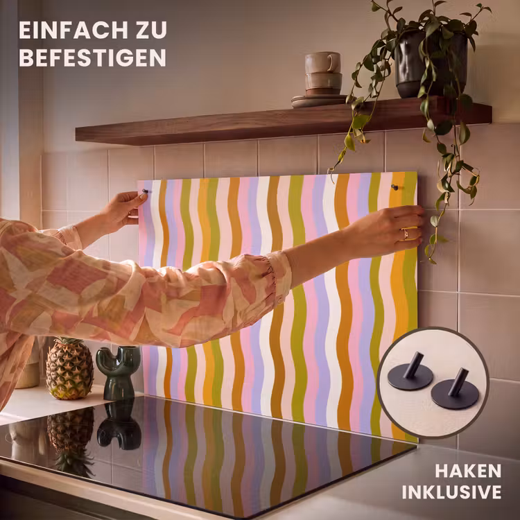 2-in-1 Herdabdeckplatte & Spritzschutz - Linien - Wellen - Pastellfarben - Muster - lijnen - Golven - Pastelkleuren - Patroon Inductie beschemer met haakjes klein