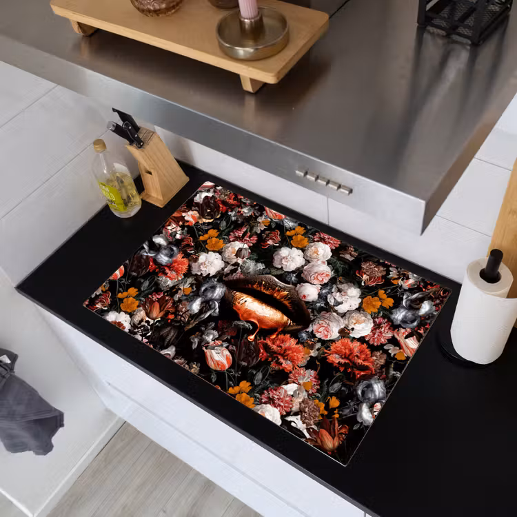2-in-1 Herdabdeckplatte & Spritzschutz - Lippen - Blumen - Farbe - Orange - Kunst - Abstrakt - Alte Meister - Lippen - Bloemen - Verf - Oranje - Kunst - Abstract - Oude meesters Inductie beschemer met haakjes klein
