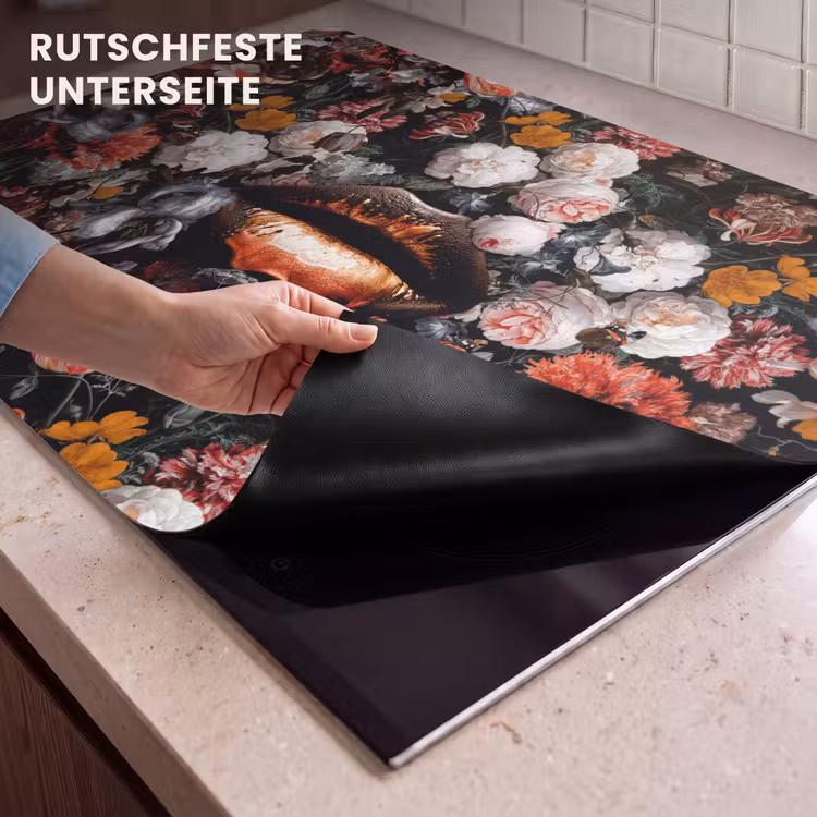 2-in-1 Herdabdeckplatte & Spritzschutz - Lippen - Blumen - Farbe - Orange - Kunst - Abstrakt - Alte Meister - Lippen - Bloemen - Verf - Oranje - Kunst - Abstract - Oude meesters Inductie beschemer met haakjes klein