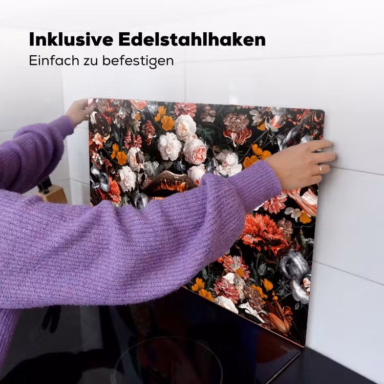 2-in-1 Herdabdeckplatte & Spritzschutz - Lippen - Blumen - Farbe - Orange - Kunst - Abstrakt - Alte Meister - Lippen - Bloemen - Verf - Oranje - Kunst - Abstract - Oude meesters Inductie beschemer met haakjes klein